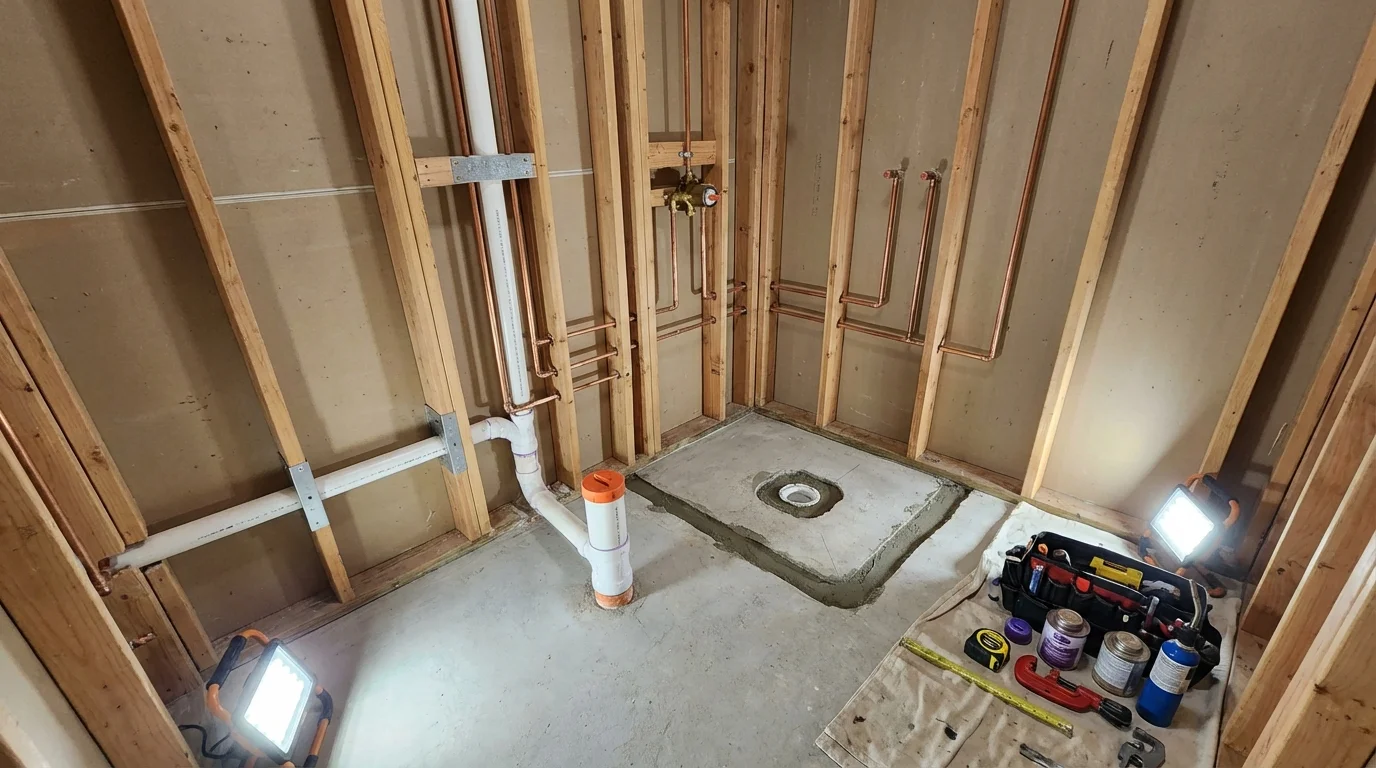 Bathroom rough-in plumbing during remodel by Johns Plumbing LLC in Soquel