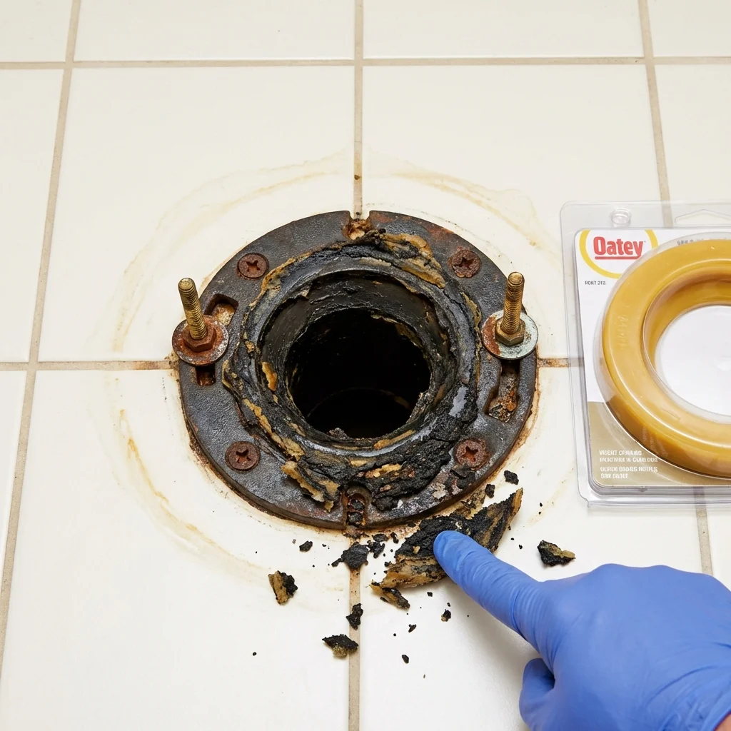 Failed wax ring showing water seepage at the base of a toilet in a Soquel, CA home