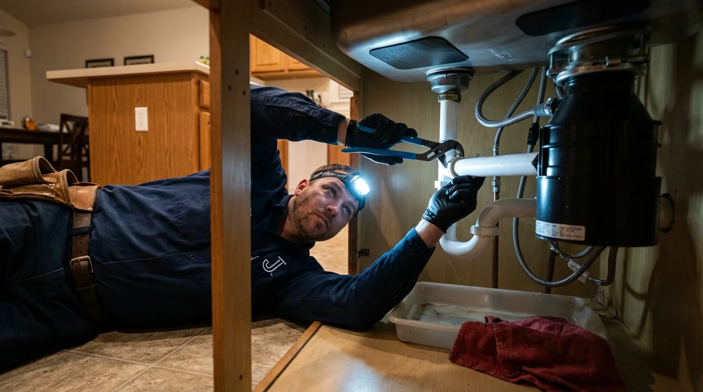 P-trap and supply line connections under a kitchen sink showing a common leak point in Soquel, CA